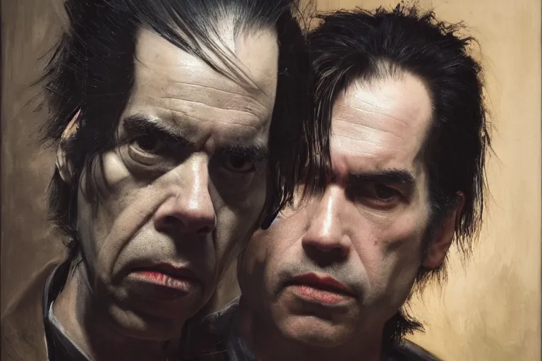 Prompt: a portrait of nick cave, masterpiece, dramatic lighting, painting by caravaggio and ruan jia and jakub rebelka and giger