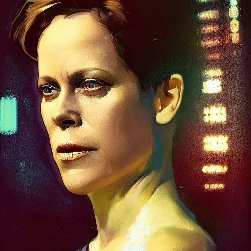 Prompt: sigourney weaver, hyperrealistic portrait, bladerunner street, art of elysium by jeremy mann and alphonse mucha, fantasy art, photo realistic, dynamic lighting, artstation, poster, volumetric lighting, very detailed face, 4 k, award winning