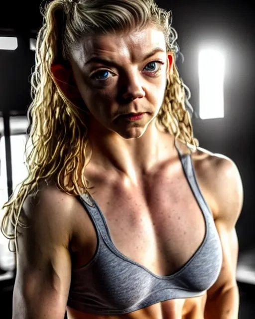 Image similar to extreme closeup of natalie dormer abdominal muscles, wearing shorts and highcut top, very sweaty, backlit, studio lighting, intricate detail, beautiful composition, extremely muscly bodybuilder