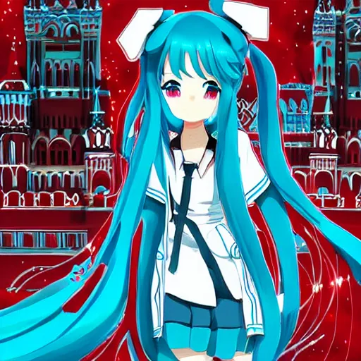 Image similar to hatsune miku on the moscow red square, high detailed anime art, trending on pixiv