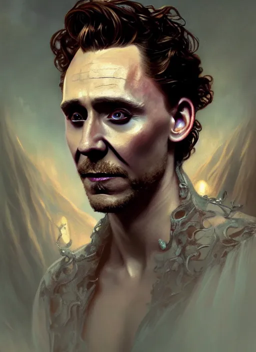 Image similar to portrait of tom hiddleston as a vampire lord, jewelry, intricate, headshot, highly detailed, digital painting, artstation, concept art, sharp focus, cinematic lighting, illustration, art by artgerm and greg rutkowski, alphonse mucha, cgsociety