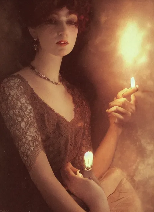 Image similar to a photo of a woman in a dark room wearing lace smoking a cigarette advertisement photography by mucha, candlelight, pagan, extremely coherent, sharp focus, elegant, render, octane, detailed, award winning photography, masterpiece, rim lit