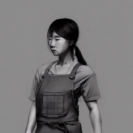 Image similar to portrait of a short muscular Japanese woman with a short ponytail wearing a gray t shirt and a work apron, dramatic lighting, illustration by Greg rutkowski, yoji shinkawa, 4k, digital art, concept art, trending on artstation