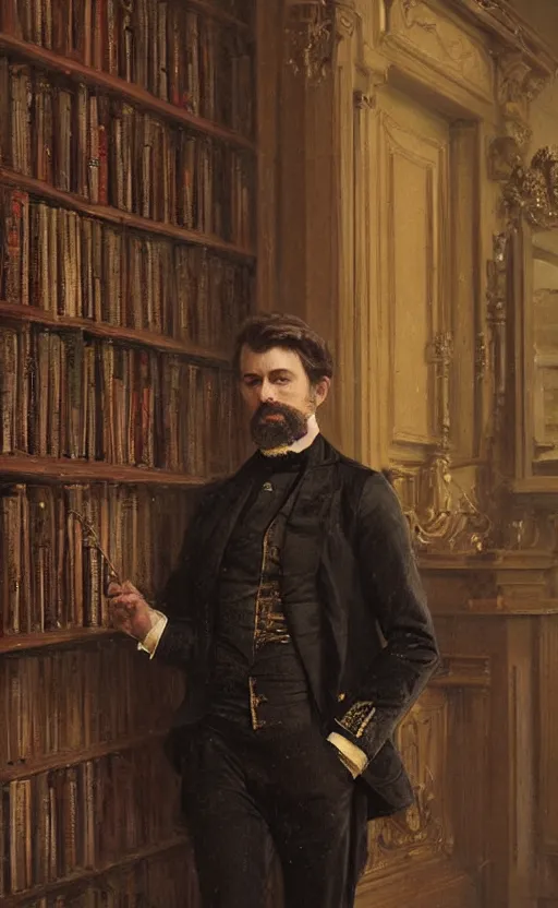Prompt: official colour portrait of a victorian noble in front of a bookcase, detailed face, 19th century, highly detailed, cinematic lighting, digital art painting by greg rutkowski