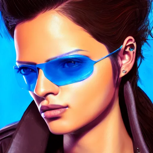 Image similar to closeup painting of a very beautiful young mexican cyberpunk woman with a smirk, wearing light blue shutter shades and a dark brown leather jacket, one side haircut, long brown hair with light blue ends, portrait, hyperdetailed, artstation, cgsociety, 8 k, synthwave by tangerine dream