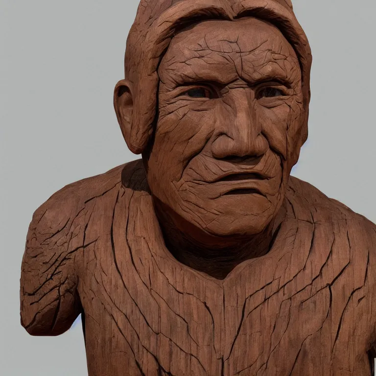 Prompt: public sculpture minimalist bust portrait of a powerful navajo man, beautiful symmetrical face accurate face detailed face realistic proportions, carved out of juniper wood on a pedestal by stephan balkenhol and martin puryear, hyperrealistic dramatic lighting shocking detail trending on artstation 8 k