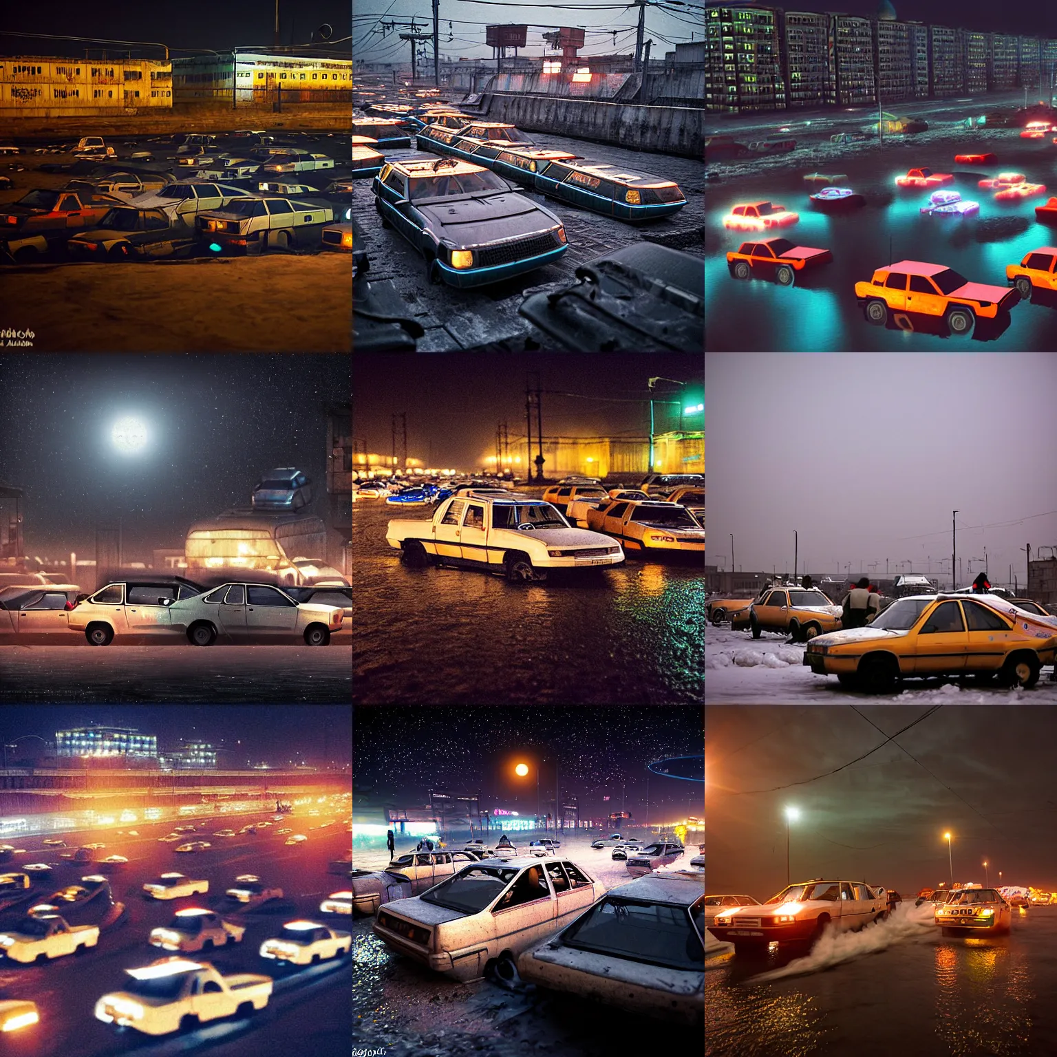 Prompt: lots of floating Lada hovercraft in a traffic jam in a Russian cyberpunk slum city called Neo Norilsk on the Moon, at night, diverse, lively, black sky full of stars, blinding sun, sci-fi, lots of flying cars, levitation, cyberpunk outfits, photorealistic, grainy, 35mm, intricate, very very beautiful, elegant, smooth, cinematic, Unreal Engine 5, by Beeple, trending on Artstation HD