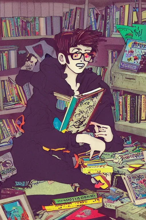 Prompt: nerdy goth guy reading book in cluttered messy 9 0 s bedroom, by jamie hewlett, vaporwave, 9 0 s aesthetic, 9 0 s vibe,