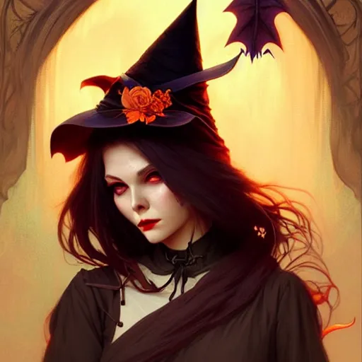 Image similar to halloween funny witch woman, fantasy magic, undercut hairstyle, intricate, elegant, sharp focus, illustration, highly detailed, digital painting, concept art, matte, art by wlop and artgerm and greg rutkowski and alphonse mucha, masterpiece