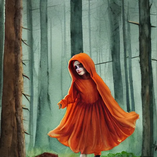 Prompt: Little Orange Riding Hood wear a dress in the valley, dark ambient beautiful, neoplasticism, 8k resolution, road into the forest with a lake, watercolor, detailed painting, trending on Artstation