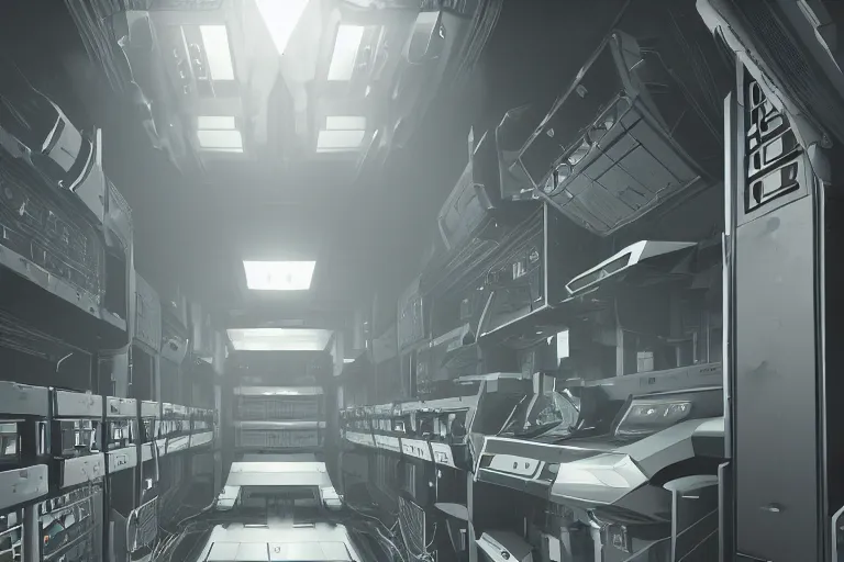 Image similar to parallax datacenter server room interior single mono colossus white rusty android guest robosaurus sitting artstation cinematic detailed concept art volumetric light sharp coherent cgsociety symmetric perfect well balanced shadows lotr servers