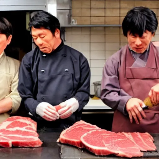 Image similar to angry japanese butcher slices meat next to two cute cats looking at him