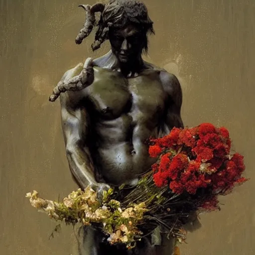 Prompt: A shy satyr holding a bundle of flowers. By Craig Mullins. By Ilya Repin. By Ruan Jia.