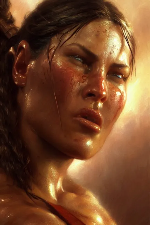 Image similar to muscular sweat lara croft, face close up, highly detailed painting by gaston bussiere, craig mullins, j. c. leyendecker 8 k