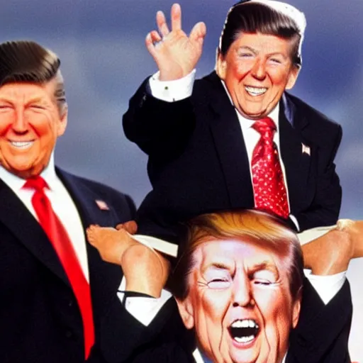 Image similar to dwarf trump getting a piggy - back ride from reagan