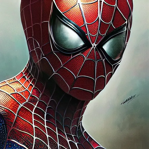 Image similar to Beautiful portrait of spiderman, wide angle, intricate, wild, highly detailed, digital painting, artstation, concept art, smooth, sharp focus, illustration, art by artgerm and greg rutkowski and alphonse mucha - W 768