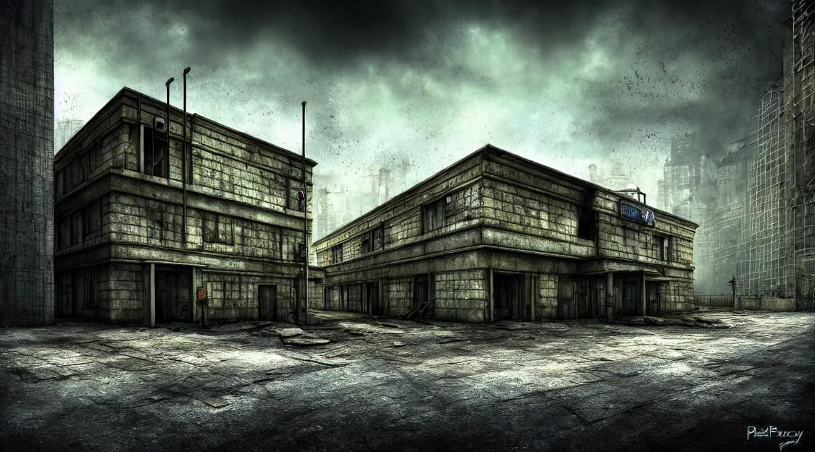 Prompt: post - apocalyptic dystopian police station, organic architecture, hyperrealistic landscape, building, street, in the style of patrick commercy, hd photography street