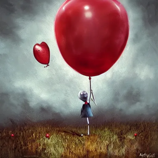 Image similar to grunge cartoon landscape painting of bilie eilish with a wide smile and a red balloon by - michal karcz, loony toons style, pennywise style, horror theme, detailed, elegant, intricate