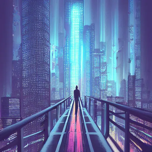 Image similar to a man standing on top of a bridge over a city, cyberpunk art by vincent lefevre, behance contest winner, altermodern, cityscape, synthwave, matte painting, - w 7 6 8