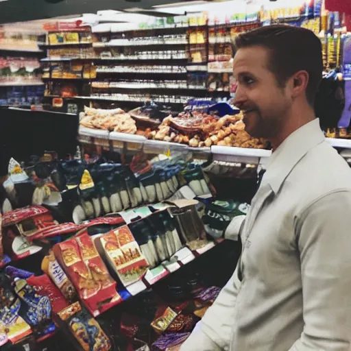 Prompt: !dream ryan gosling at a grocery store counter, holding milky way!! candy bars, hidden camera photo, photograph, hyperrealistic, 8k resolution