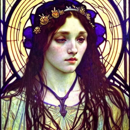 Image similar to detailed realistic beautiful young medieval queen face portrait by jean delville, alphonse mucha, vincent van gogh, and marco mazzoni, art nouveau, symbolist, visionary, gothic, pre - raphaelite