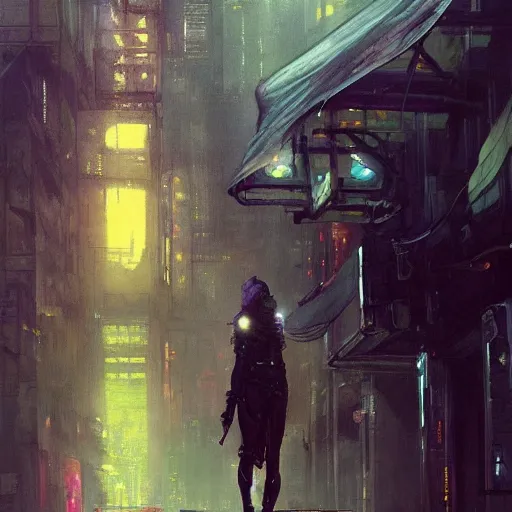 Image similar to wanderer, sidewalk of a cyberpunk megacity, dramatic lighting, detailed background, gorgeous view, realistic, high detail, depth of field, lightrays, atmospheric, digital art, painted by greg rutkowski, painted by jeremy mann, painted by alphonse mucha, trending on artstation