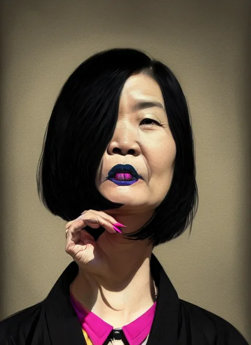 Prompt: portrait of a middle - aged asian woman with a crooked nose and a confident expression, 1 9 6 0 s, black clothes, goth, punk, brightly coloured hair, funk, intricate, elegant, highly detailed, digital painting, artstation, concept art, smooth, sharp focus, illustration, art by wlop, mars ravelo and greg rutkowski