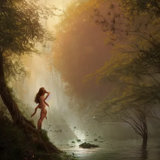 Prompt: forest nymph rising from the water. view from behind, wide angle view, back view. nuri iyem, james gurney, james jean, greg rutkowski, anato finnstark, emma watson, taylor swift, tom cruise. trending on artstation, starlight, and enchanted dreams