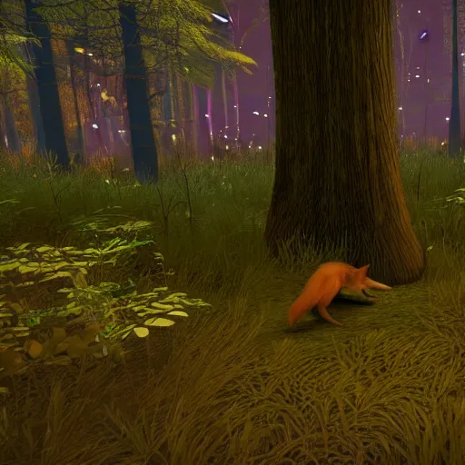 Image similar to a black fox in a majestic fantasy forest at night, fireflies floating about, bioluminescent plants, second life in game screenshot 2022