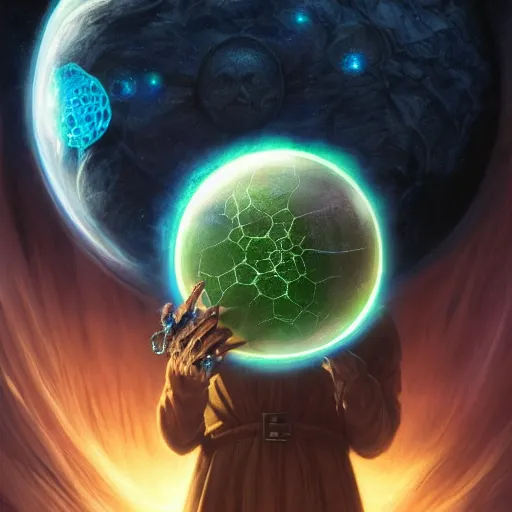 Image similar to the creator of worlds wearing a cloak and holding a holographic planet projection in his hand, detailed, sci - fi, digital painting, artstation, sharp focus, illustration, ominous, artgerm, tomasz alen kopera, peter mohrbacher, donato giancola, joseph christian leyendecker, wlop, frank frazetta