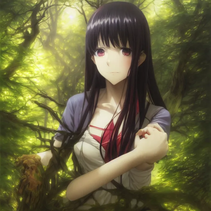 Image similar to Nishimiya Shouko, Albedo from Overlord, Mayer Re-l, Japan Lush Forest, official anime key media, close up of Iwakura Lain, LSD Dream Emulator, paranoiascape ps1, official anime key media, painting by Vladimir Volegov, beksinski and dan mumford, giygas, technological rings, johfra bosschart, Leviathan awakening from Japan in a Radially Symmetric Alien Megastructure turbulent bismuth glitchart, Atmospheric Cinematic Environmental & Architectural Design Concept Art by Tom Bagshaw Jana Schirmer Jared Exposure to Cyannic Energy, Darksouls Concept art by Finnian Macmanus