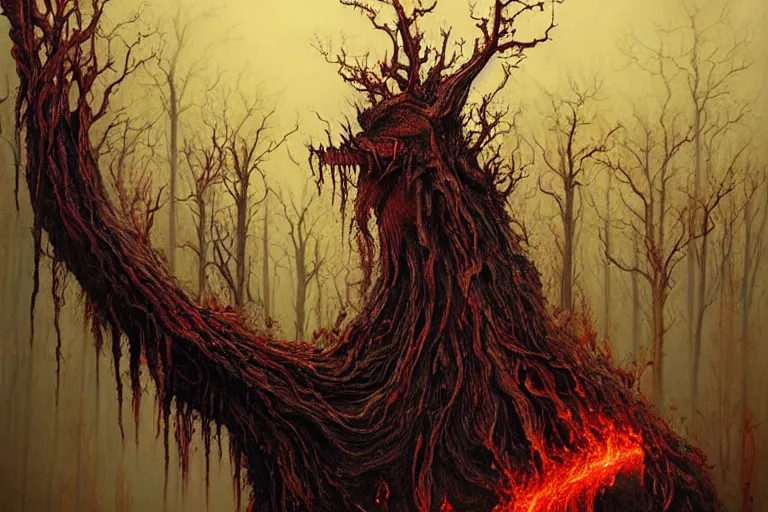 Image similar to Haunting horrifying hyperrealistic detailed painting of a huge tall ent creature sitting atop a mountain of flames in a foggy hellscape with spread out pools of crimson red gelatinous liquid and goop, eyeballs bulging, sparks of fire flying, dystopian feel, heavy metal, disgusting, creepy, unsettling, in the style of Michael Whelan and Zdzisław Beksiński, lovecraftian, hyper detailed, trending on Artstation