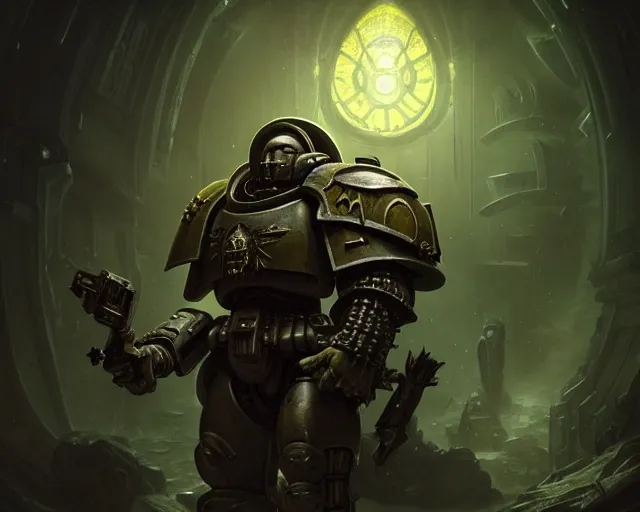 Prompt: 4 k cinematic still portrait of a space marine in a dark liminal space room, nurgle, deep focus, d & d, fantasy, intricate, repulsive, highly detailed, digital art, art station, concept art, matte, sharp focus, illustration, dark fantasy art, hearthstone, art by artgerm and greg rutkowski and alphonse mucha