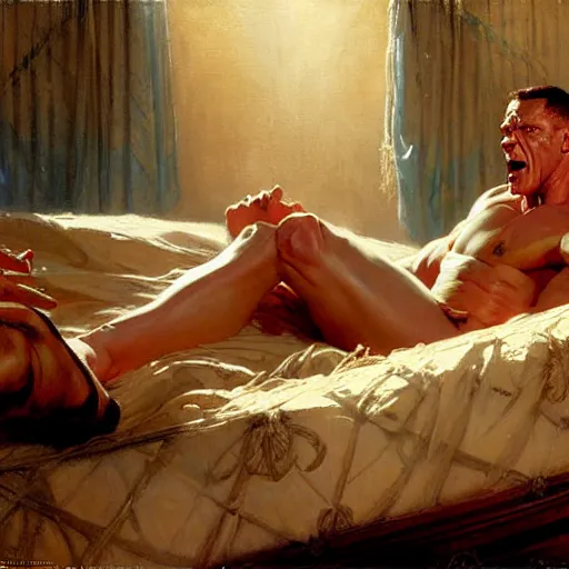 Prompt: john cena ring gear is in his bed, nervous and terrified, because beck lynch from hell is attacking him. highly detailed painting by gaston bussiere, j. c. leyendecker, greg rutkowski, craig mullins 8 k