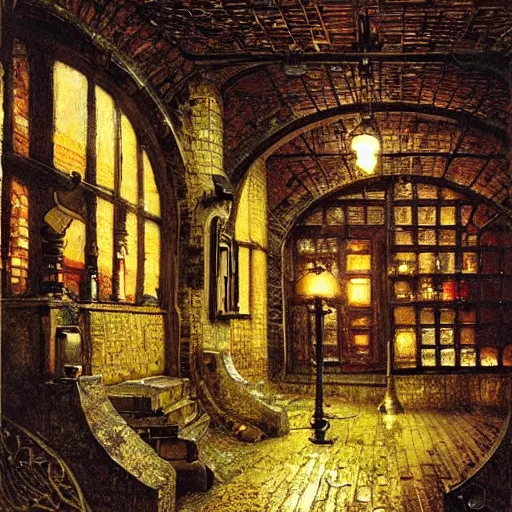 Image similar to beautiful matte steampunk cellar pipe dreams by john atkinson grimshaw