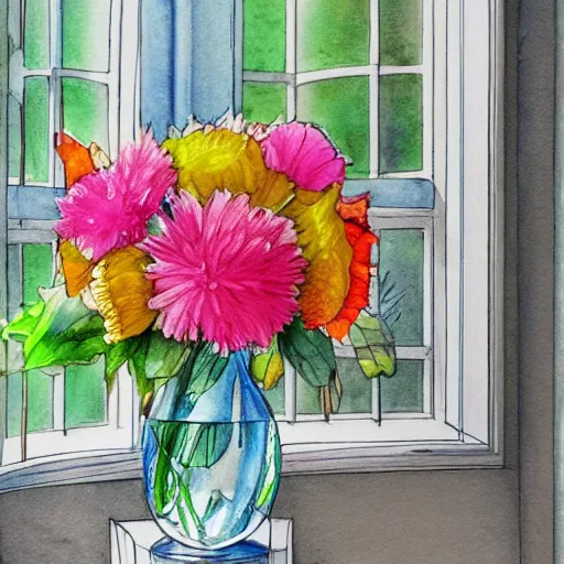 Image similar to a fancy vase with a colorful and beautiful flower arrangement by the fancy window. very stylize and delicate watercolor and pencil drawing. 3 d. beautiful lighting, 4 k post - processing, trending in art station, cg society, highly detailed, 5 k extremely detailed