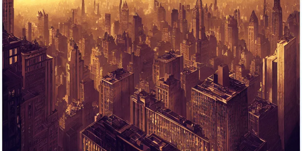 Image similar to a woman standing on a balcony overlooking an axonometric 1920s New York City at dusk, by Rolf Armstrong and Evelyn De Morgan and Bastien Lecouffe-Deharme, dramatic lighting, high contrast colors, baroque, empyrean, panoramic view, as trending on Artstation, highly detailed, doom engine,