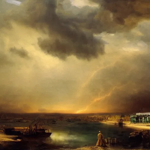 Prompt: oil painting of american old west town, harbour, dramatic storm clouds, dusty street, sunrays, dramatic, very very very beautiful art, cinematic lighting, romanticism by goya