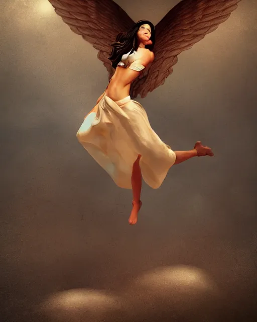 Prompt: woman turning into an angel levitating off the ground, by randy vargas, art station, smooth, focus