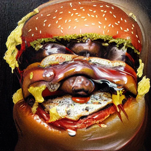 Prompt: mysterious portrait of Hope Solo emerging from the dark void eating burger, face partially melting like glitching out LSD effect, figure in the darkness of renaissance, serving big macs, covered in ketchup,Francisco Goya, painted by John Singer Sargant, Adrian Ghenie, style of Francis Bacon, highly detailed, 8k, trending on artstation