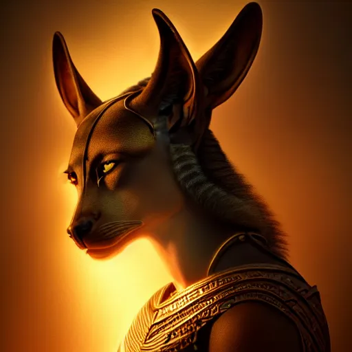 Image similar to Majestic gracious Anubis female warrior portrait, atmospheric lighting, painted, intricate, volumetric lighting, beautiful, rich deep colours masterpiece, golden hour, sharp focus, ultra detailed, by Leesha Hannigan, Ross Tran, Thierry Doizon, Kai Carpenter, Ignacio Fernández Ríos