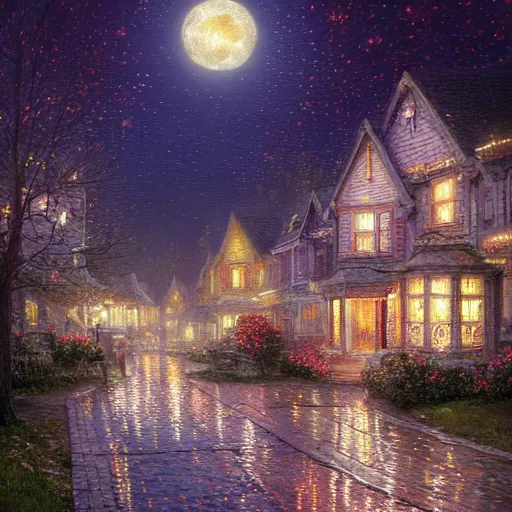 Prompt: intricate five star rosebloom village at night with moon light by greg rutkowski and thomas kinkade, oil on canvas, hdr, high detail, photo realistic, hyperrealism, matte finish, high contrast, 3 d depth, centered, masterpiece, vivid and vibrant colors, enhanced light effect, enhanced eye detail, artstationhd