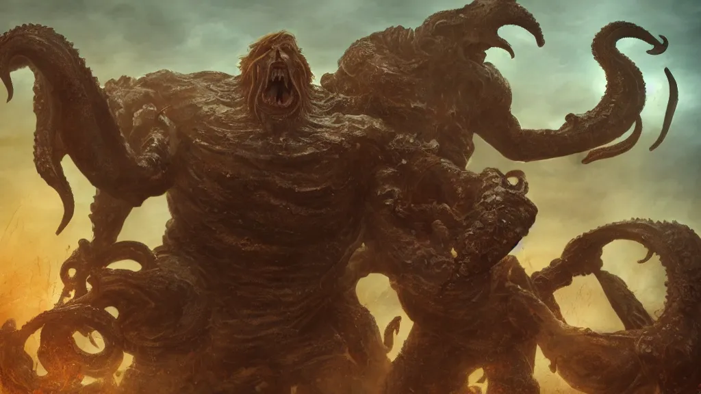 Image similar to chuck norris Fight with the giants cthulhu, cgi, trending artstation