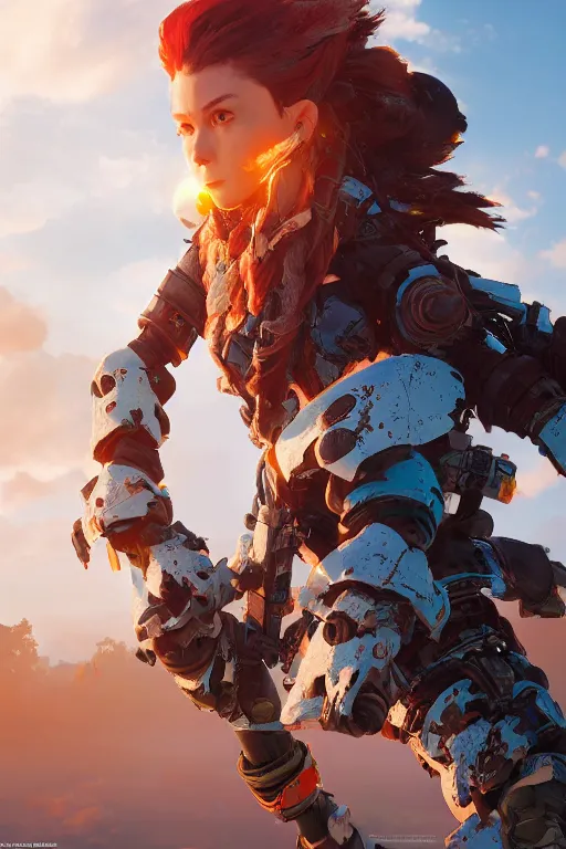 Image similar to combination suit armor aloy horizon forbidden west horizon zero dawn robot ninja mask helmet backpack tribal, aesthetic octane render, 8 k hd resolution, by ilya kuvshinov and cushart krentz and gilleard james radiating a glowing aura cgi rtx 2 0 2 2