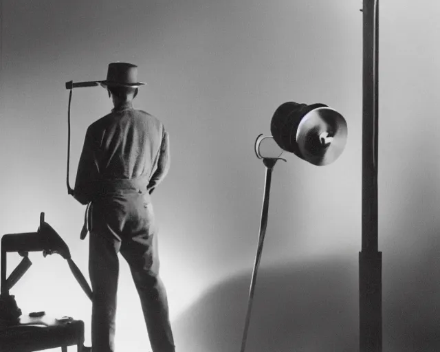 Prompt: a long shot, studio photographic portrait of a telegraph operator, dramatic backlighting, 1 9 9 3 photo from life magazine,