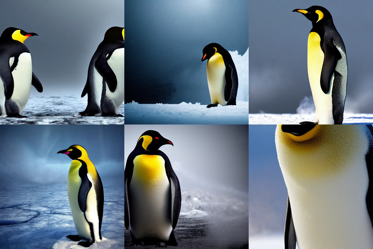 Image similar to ultra detailed octane render of an emperor penguin, volumetric lighting, post processing, after effects, smoke, shadows and natural lighting, dramatic pose, steam rising, snowy background, ultra high detail, ultra fine hair, ultra fine texture, hyper realistic,