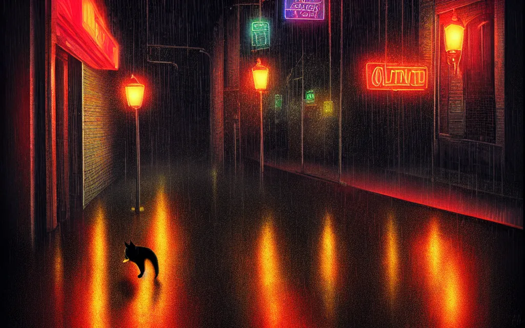 Prompt: black cat running through heavy rain in an emprty neon lit street at night by wlop, ultra detailed color art, high detail, digital art