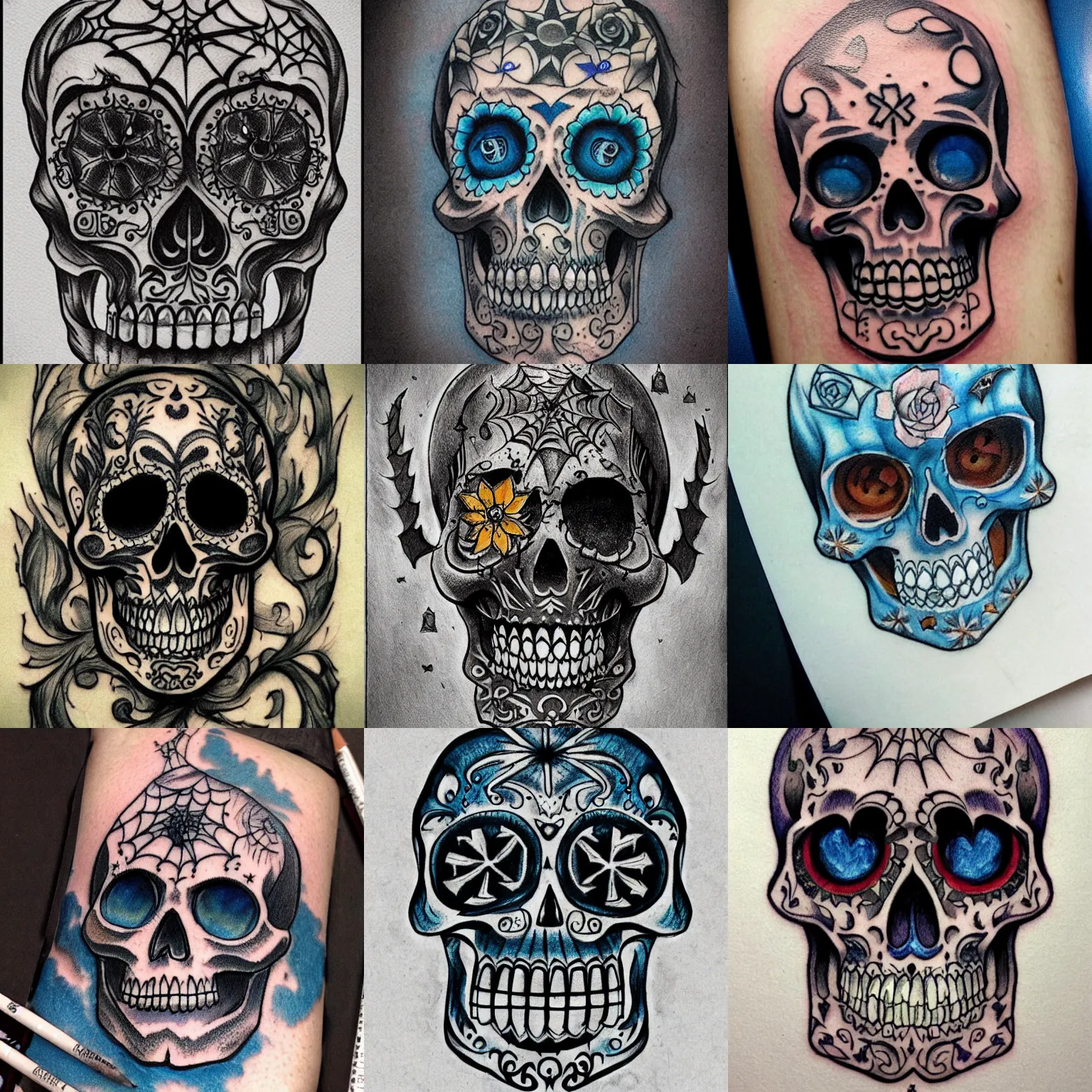 Prompt: halloween tattoo sketch on paper with blue pencil by anton pieck, cartoon sugar skull in graveyard at midnight, intricate, extremely detailed, digital painting, artstation, concept art, smooth, sharp focus, illustration, intimidating lighting, incredible art,