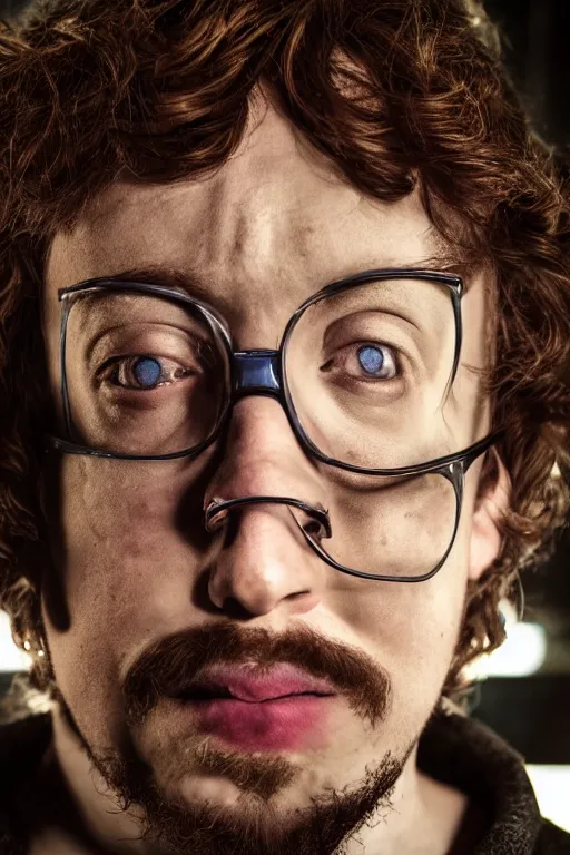 Image similar to portrait of Sam Hyde in Star Wars, close-up, sigma male, rule of thirds, award winning photo, highly detailed features, raining, ethereal lighting, Death Star setting,