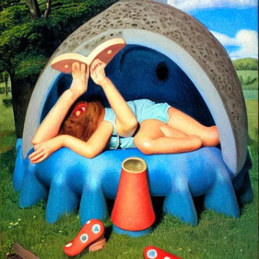 Image similar to A girl sleeping under a giant blue toadstool, artist Normal Rockwell,